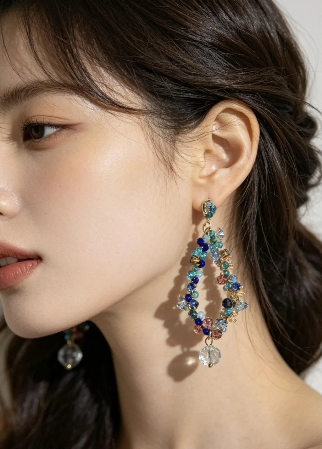 Bohemian Multicolor Crystal Beaded Hoop Drop Earrings, Hypoallergenic Gold Plated Dangle Earrings