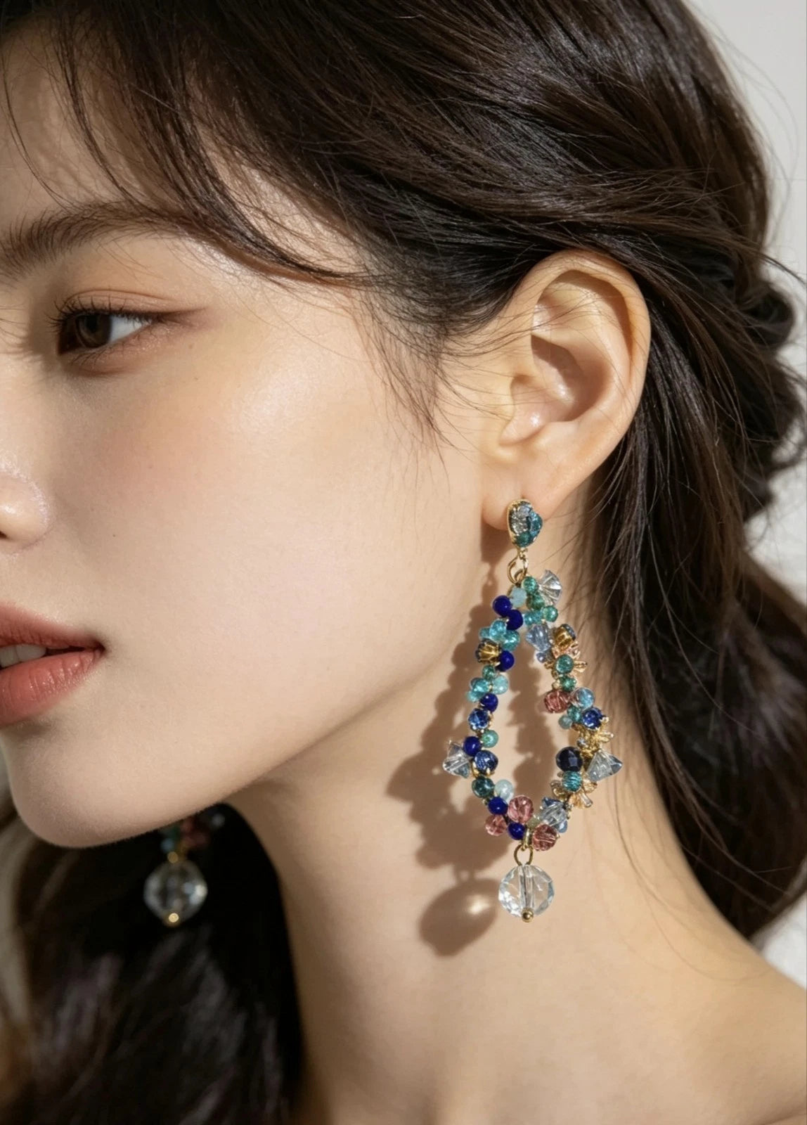 Bohemian Multicolor Crystal Beaded Hoop Drop Earrings, Hypoallergenic Gold Plated Dangle Earrings