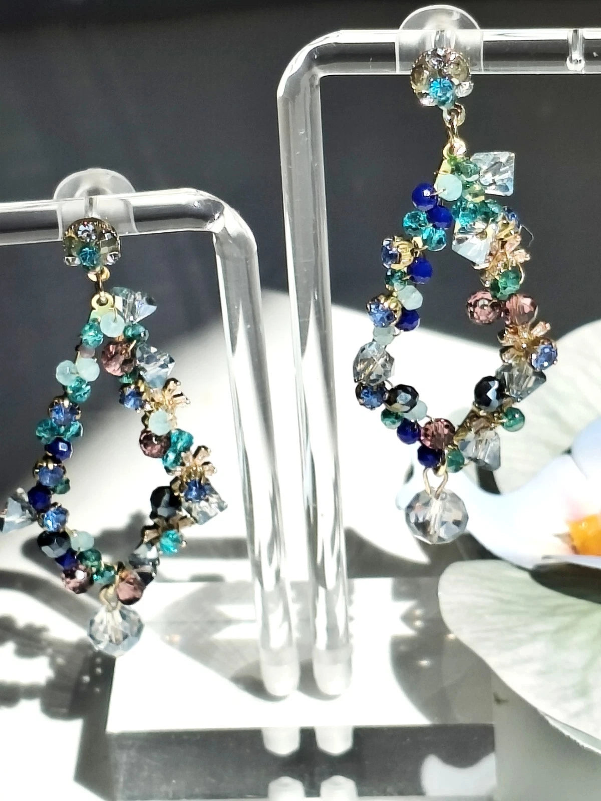 Bohemian Multicolor Crystal Beaded Hoop Drop Earrings, Hypoallergenic Gold Plated Dangle Earrings