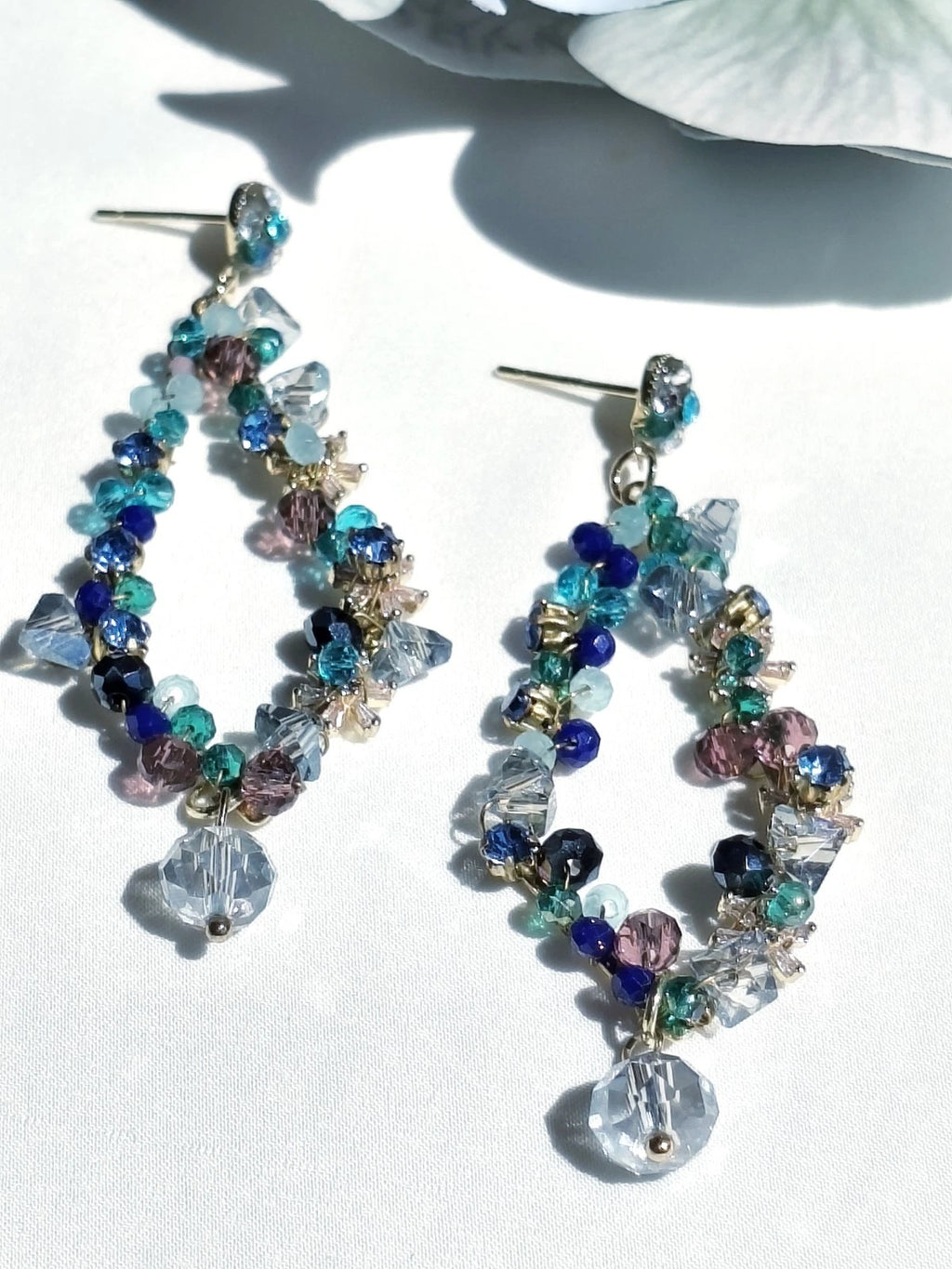 Bohemian Multicolor Crystal Beaded Hoop Drop Earrings, Hypoallergenic Gold Plated Dangle Earrings