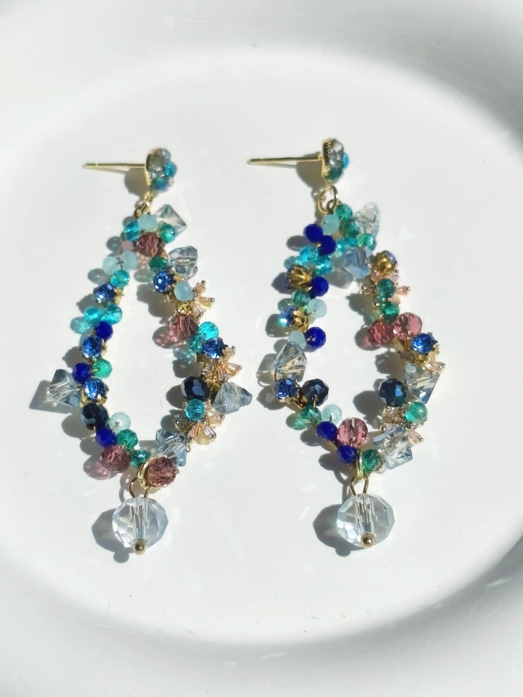Bohemian Multicolor Crystal Beaded Hoop Drop Earrings, Hypoallergenic Gold Plated Dangle Earrings