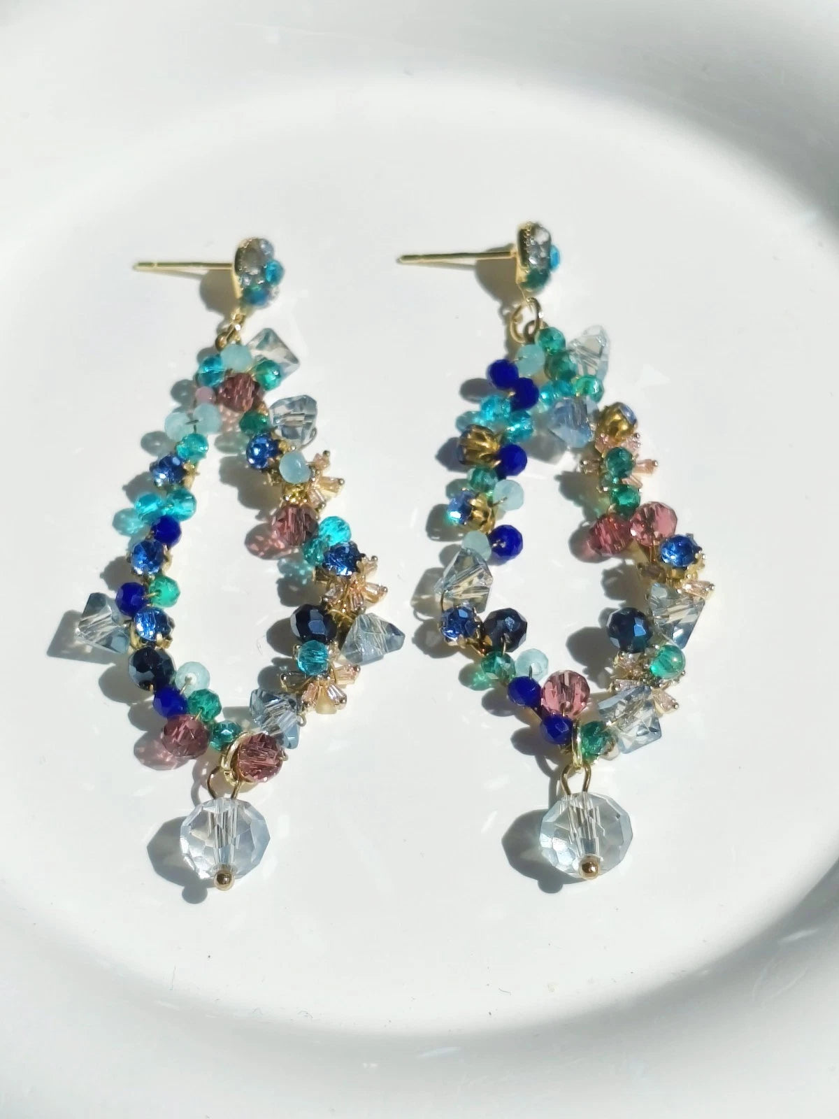 Bohemian Multicolor Crystal Beaded Hoop Drop Earrings, Hypoallergenic Gold Plated Dangle Earrings