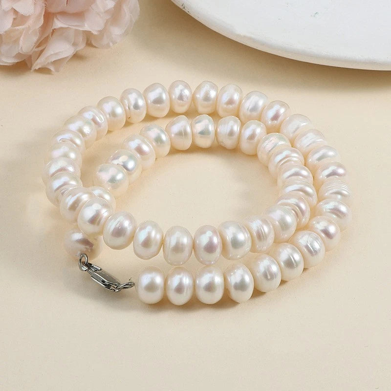 11-12MM Natural Freshwater Cultured Pearl Necklace, Large Baroque Oval White Pearl Strand Lobster Clasp Women Jewelry