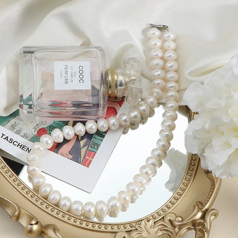 11-12MM Natural Freshwater Cultured Pearl Necklace, Large Baroque Oval White Pearl Strand Lobster Clasp Women Jewelry