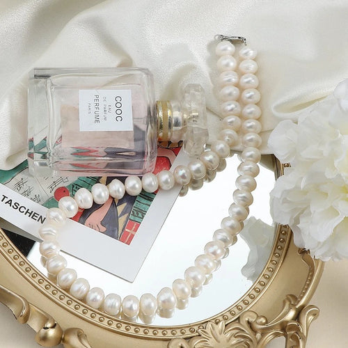 11-12MM Natural Freshwater Cultured Pearl Necklace, Large Baroque Oval White Pearl Strand Lobster Clasp Women Jewelry