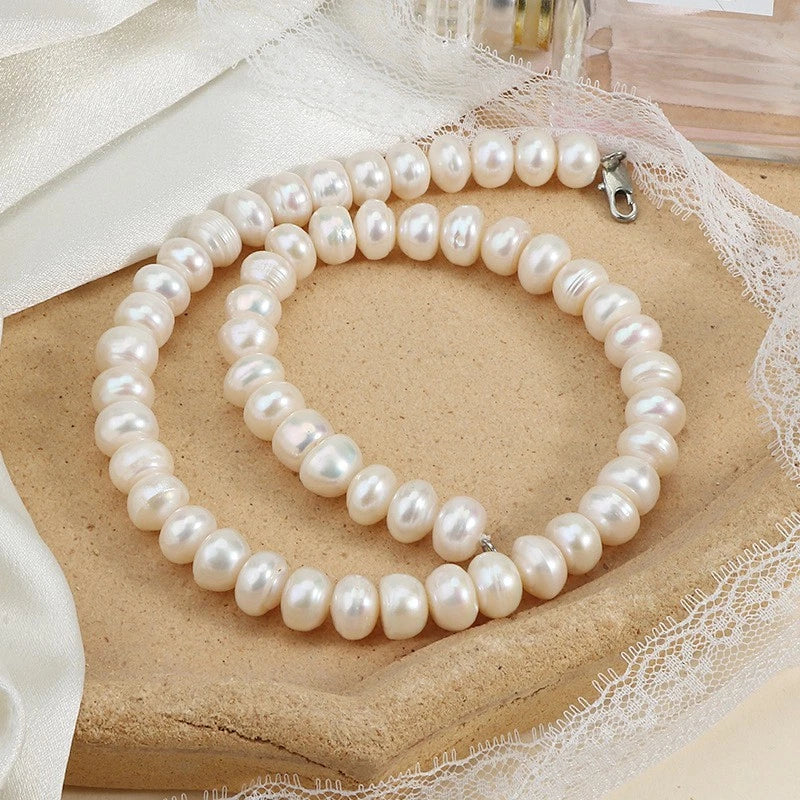 11-12MM Natural Freshwater Cultured Pearl Necklace, Large Baroque Oval White Pearl Strand Lobster Clasp Women Jewelry