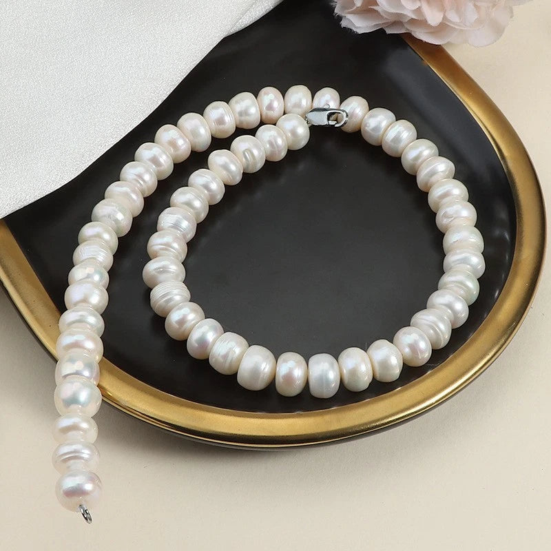 11-12MM Natural Freshwater Cultured Pearl Necklace, Large Baroque Oval White Pearl Strand Lobster Clasp Women Jewelry