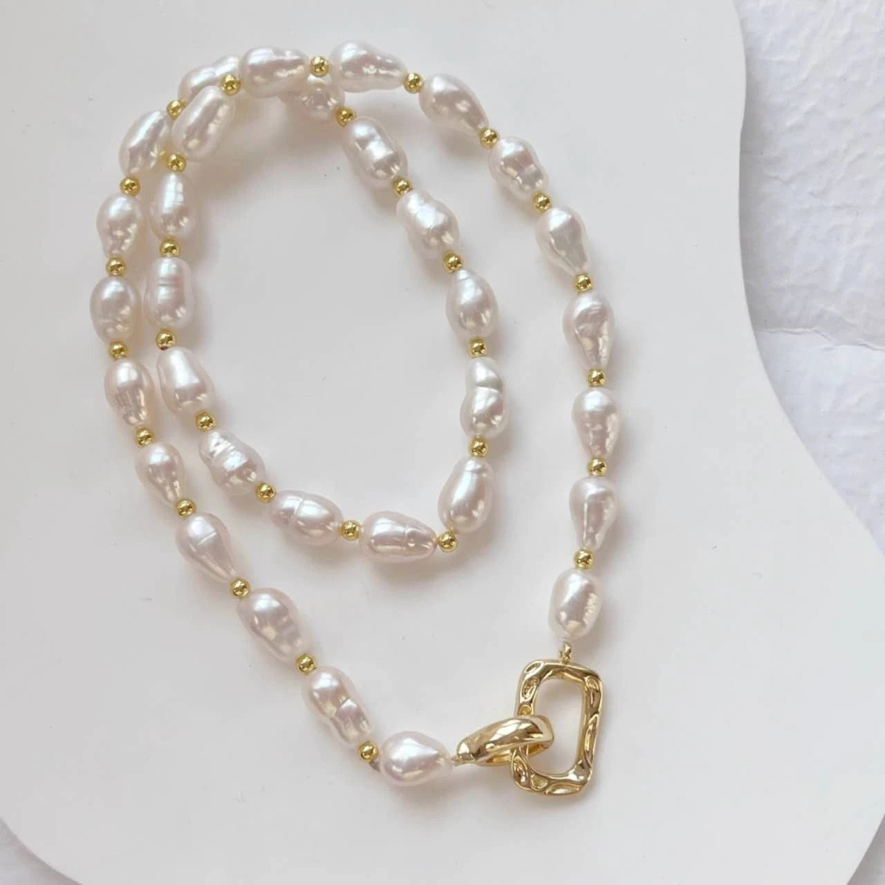 18K Gold Plated Natural Freshwater Rice Pearl Necklace, Minimalist Oval Pearl Chain with Geometric Paperclip Clasp, Elegant Women Everyday Jewelry