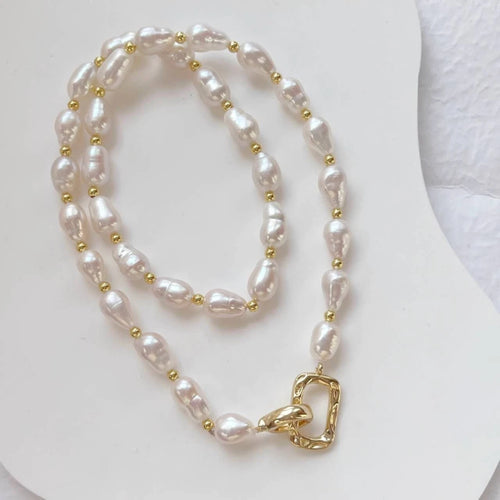 18K Gold Plated Natural Freshwater Rice Pearl Necklace, Minimalist Oval Pearl Chain with Geometric Paperclip Clasp, Elegant Women Everyday Jewelry