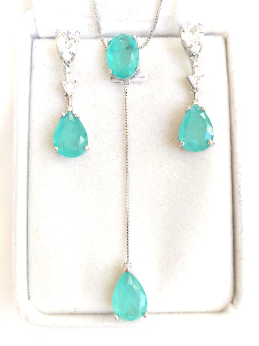 Ensemble de bijoux simulés Tourmaline Paraiba : Collier Lariat et boucles d'oreilles pendantes, hypoallergénique