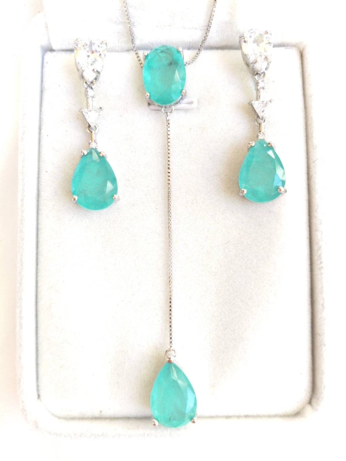 Ensemble de bijoux simulés Tourmaline Paraiba : Collier Lariat et boucles d'oreilles pendantes, hypoallergénique