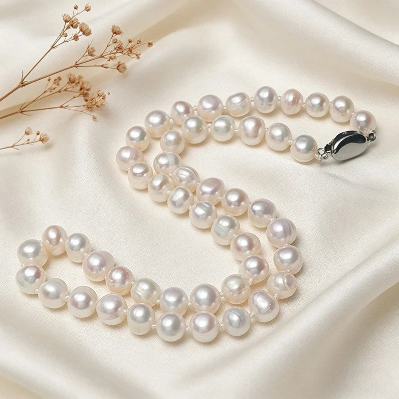 8-9mm Natural Freshwater Pearl Necklace, White Oval Baroque Pearl Single Strand Necklace Silver Clasp for Women Wedding Daily Jewelry