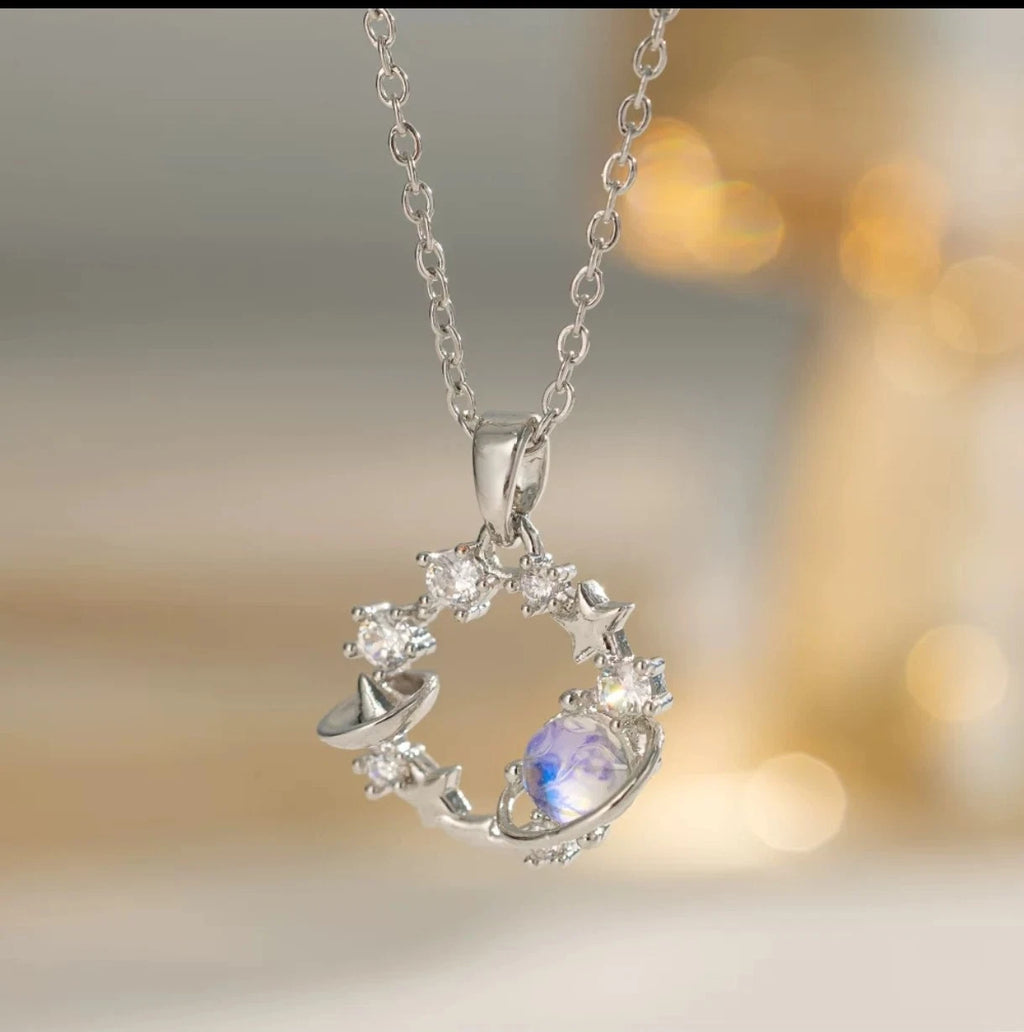 Collier en argent S925 avec pendentif opale ciel étoilé, thème espace