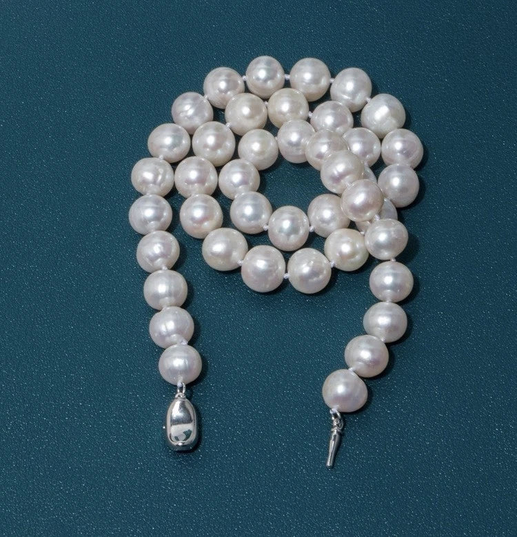 8-9mm Natural Freshwater Pearl Necklace, White Oval Baroque Pearl Single Strand Necklace Silver Clasp for Women Wedding Daily Jewelry