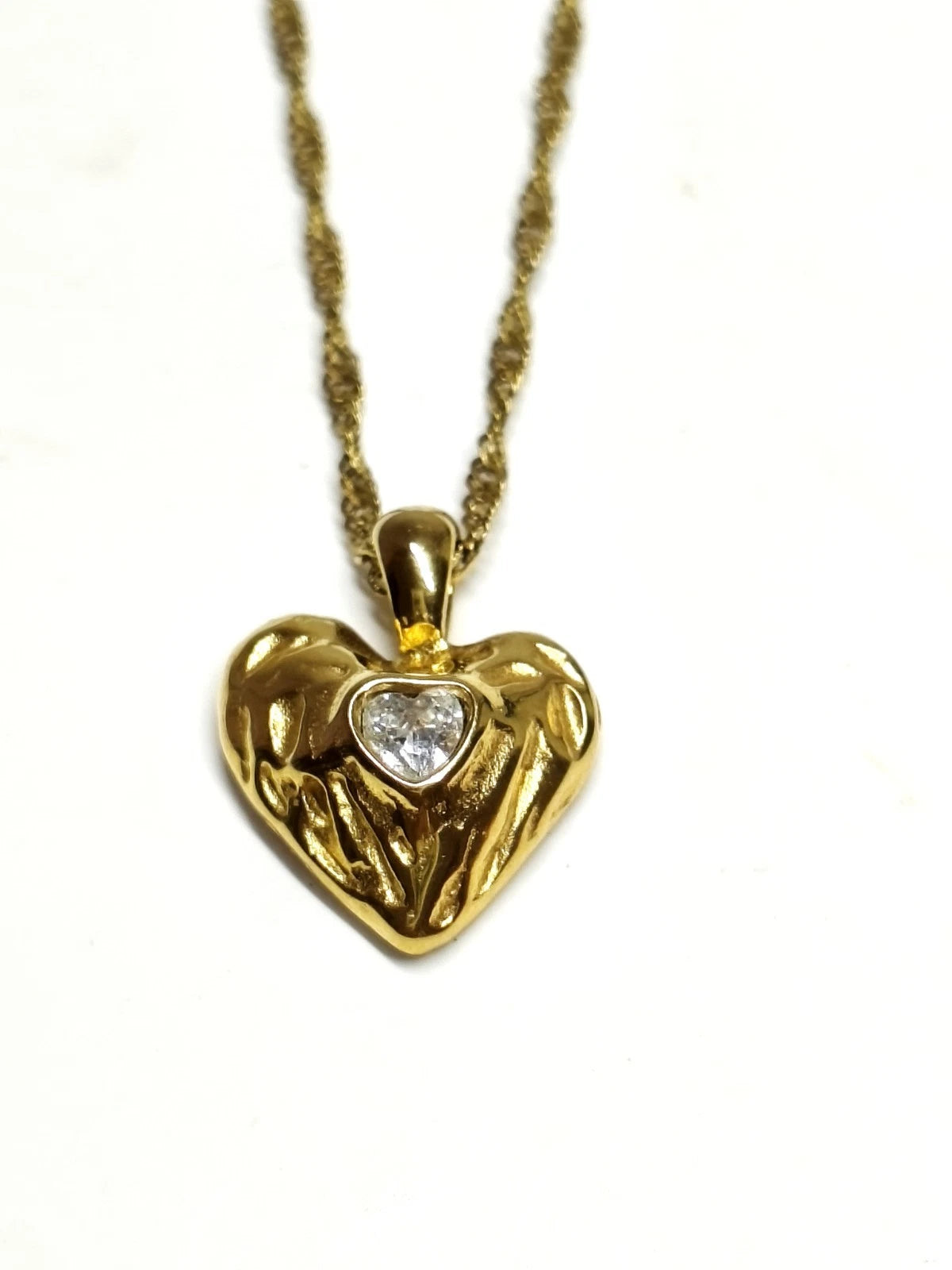 18K Gold Plated Heart Pendant Necklace with CZ Stone, Hypoallergenic Twist Chain