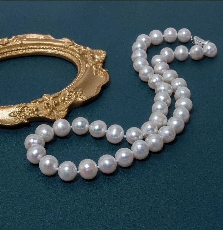 8-9mm Natural Freshwater Pearl Necklace, White Oval Baroque Pearl Single Strand Necklace Silver Clasp for Women Wedding Daily Jewelry
