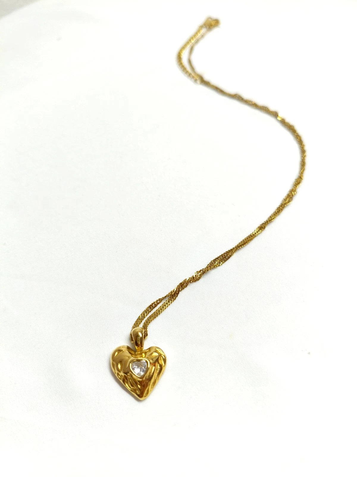 18K Gold Plated Heart Pendant Necklace with CZ Stone, Hypoallergenic Twist Chain