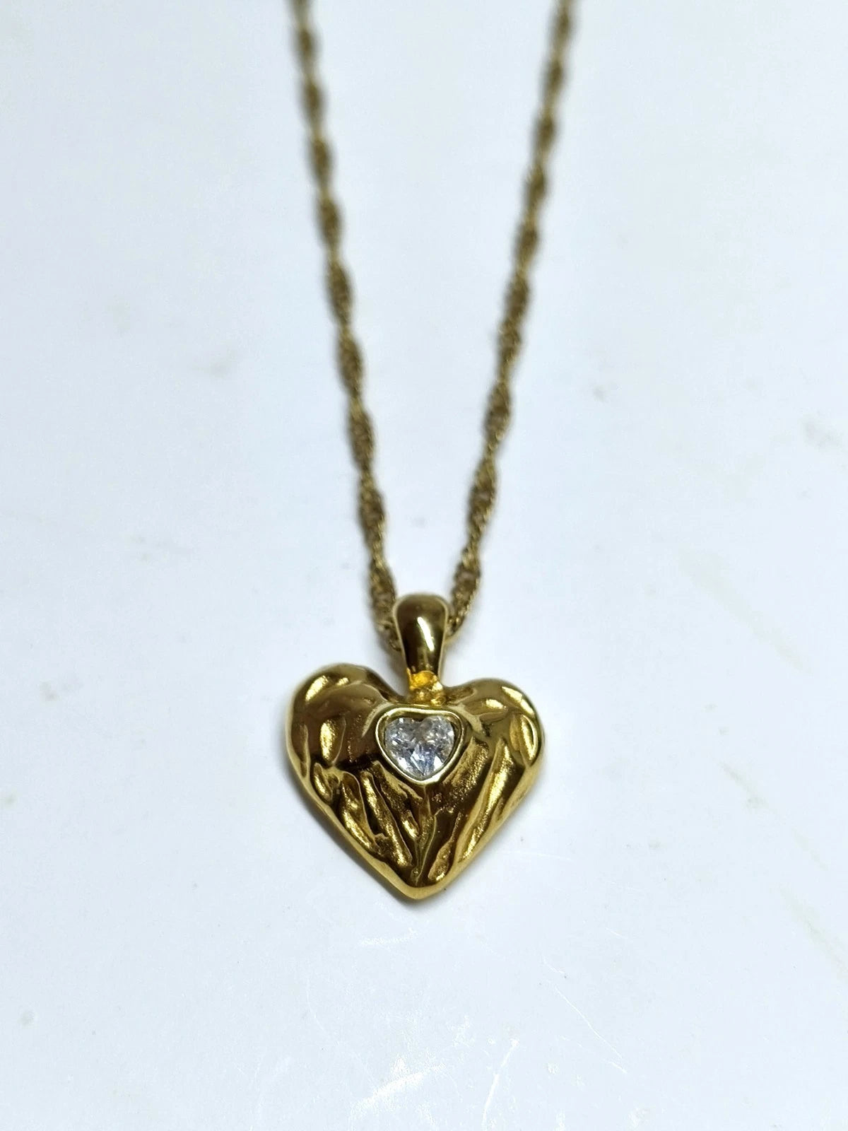 18K Gold Plated Heart Pendant Necklace with CZ Stone, Hypoallergenic Twist Chain