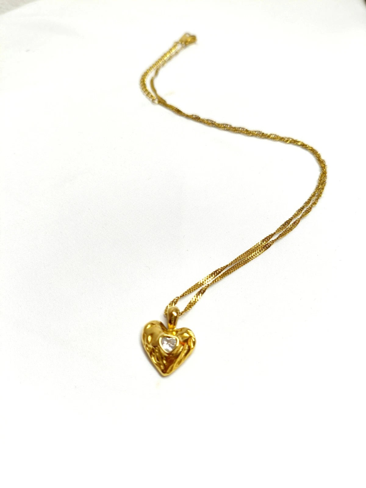 18K Gold Plated Heart Pendant Necklace with CZ Stone, Hypoallergenic Twist Chain