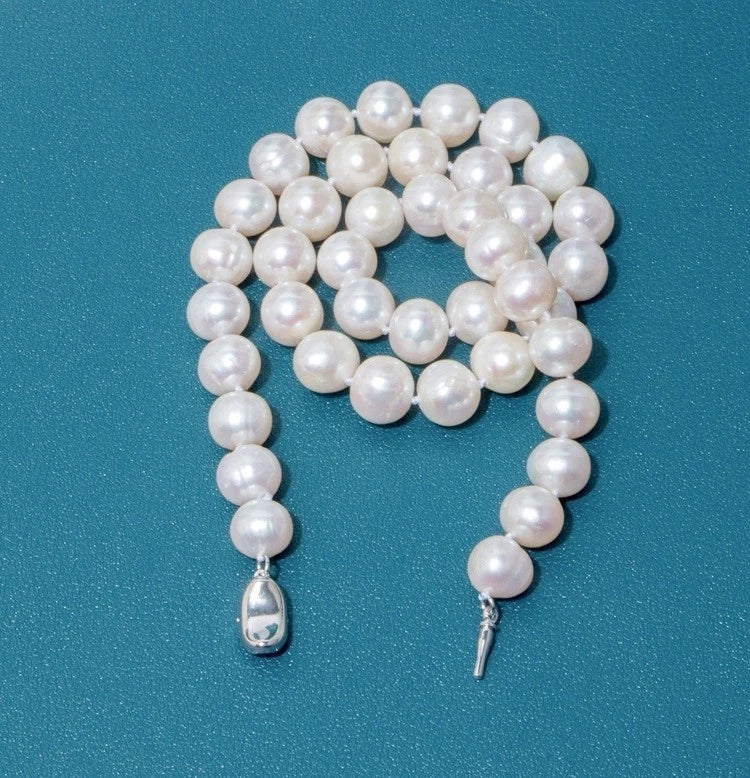 8-9mm Natural Freshwater Pearl Necklace, White Oval Baroque Pearl Single Strand Necklace Silver Clasp for Women Wedding Daily Jewelry