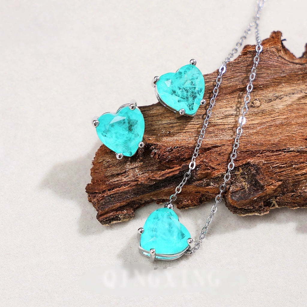 Heart Paraiba Tourmaline Gem Jewelry Set S925 Silver Stud Earrings Titanium Steel Necklace Anti Allergy
