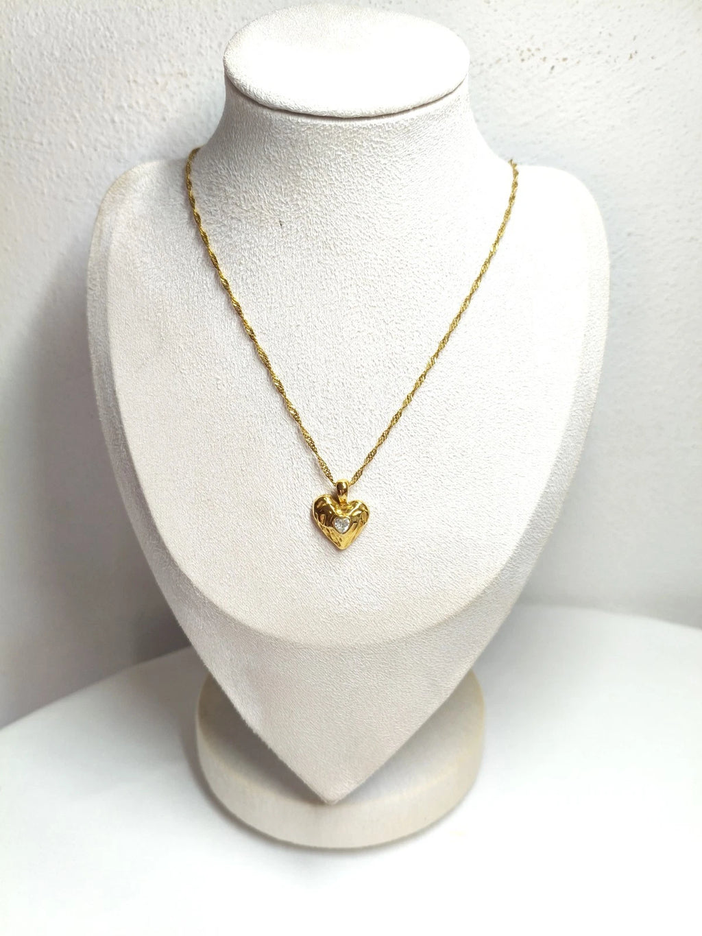 18K Gold Plated Heart Pendant Necklace with CZ Stone, Hypoallergenic Twist Chain