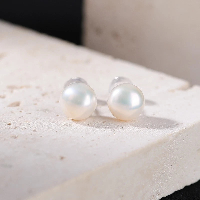 9-9.5mm Natural Freshwater Pearl Stud Earrings, Round White Pink Purple Cultured Pearl Hypoallergenic Silver Post Earrings for Women