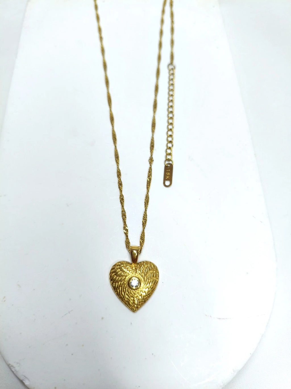 18K Gold Plated Textured Heart Pendant Necklace with CZ Stone, Hypoallergenic Twist Chain
