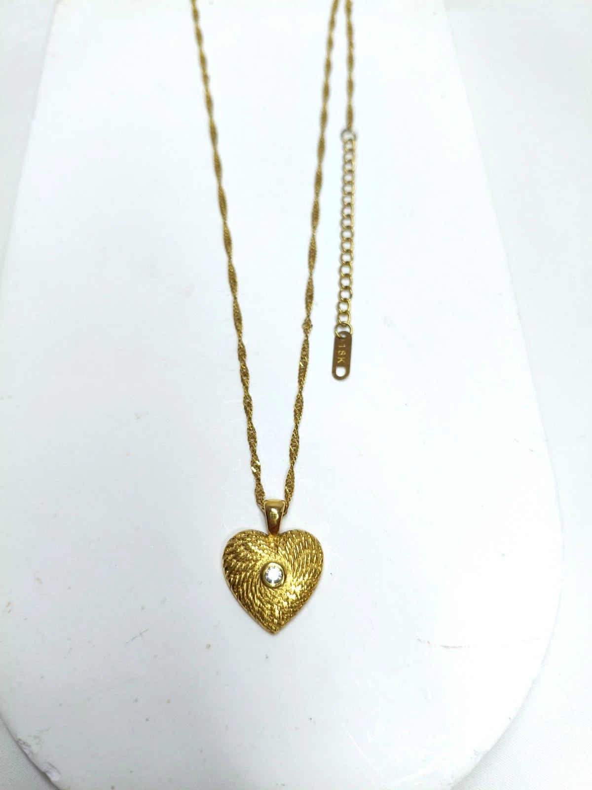 18K Gold Plated Textured Heart Pendant Necklace with CZ Stone, Hypoallergenic Twist Chain