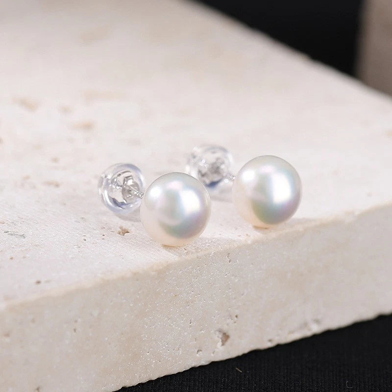 8-8.5mm Natural Freshwater Pearl Stud Earrings, Round White Pink Purple Cultured Pearl Hypoallergenic Silver Post Earrings for Women