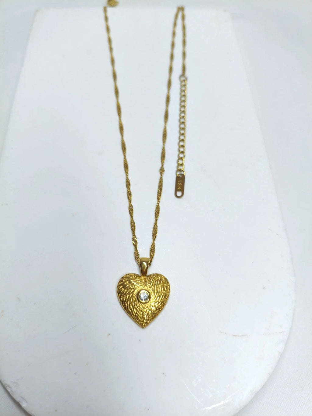 18K Gold Plated Textured Heart Pendant Necklace with CZ Stone, Hypoallergenic Twist Chain