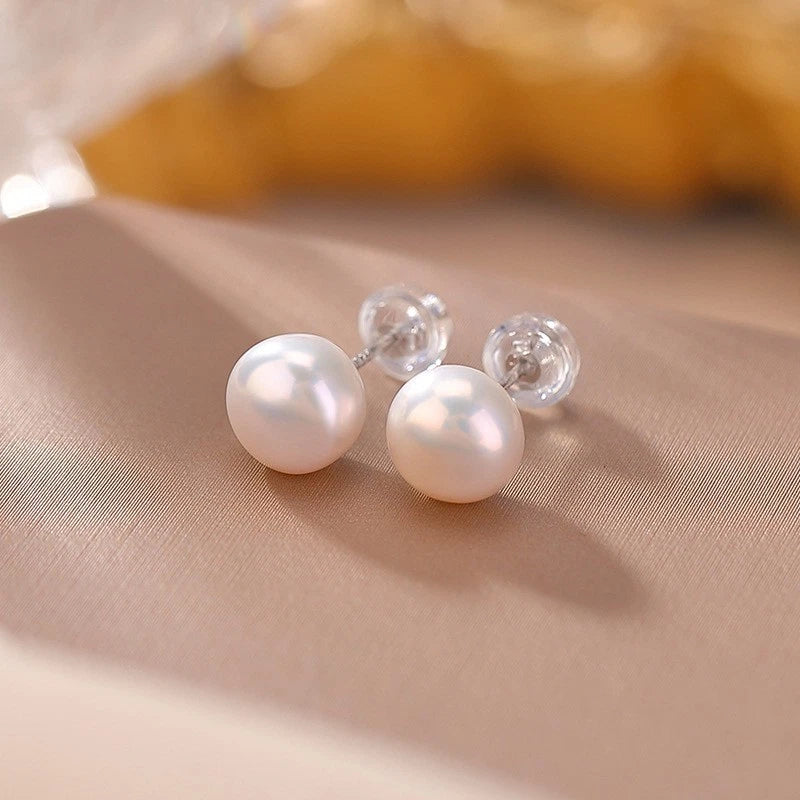 9-9.5mm Natural Freshwater Pearl Stud Earrings, Round White Pink Purple Cultured Pearl Hypoallergenic Silver Post Earrings for Women