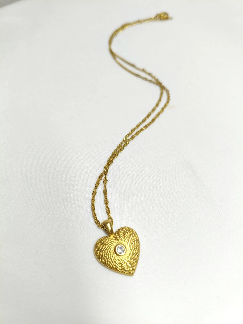 18K Gold Plated Textured Heart Pendant Necklace with CZ Stone, Hypoallergenic Twist Chain
