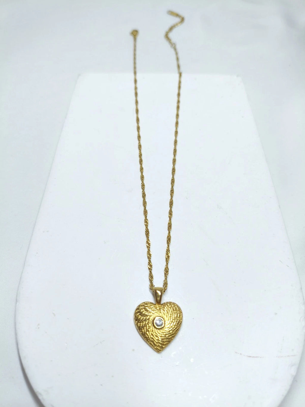 18K Gold Plated Textured Heart Pendant Necklace with CZ Stone, Hypoallergenic Twist Chain