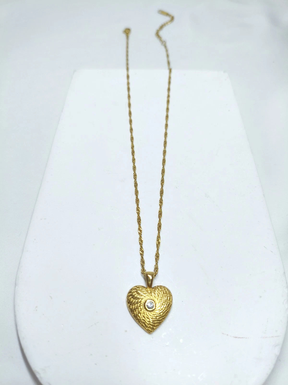 18K Gold Plated Textured Heart Pendant Necklace with CZ Stone, Hypoallergenic Twist Chain