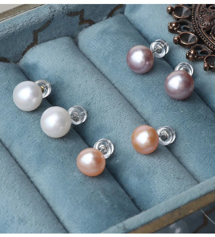9-9.5mm Natural Freshwater Pearl Stud Earrings, Round White Pink Purple Cultured Pearl Hypoallergenic Silver Post Earrings for Women