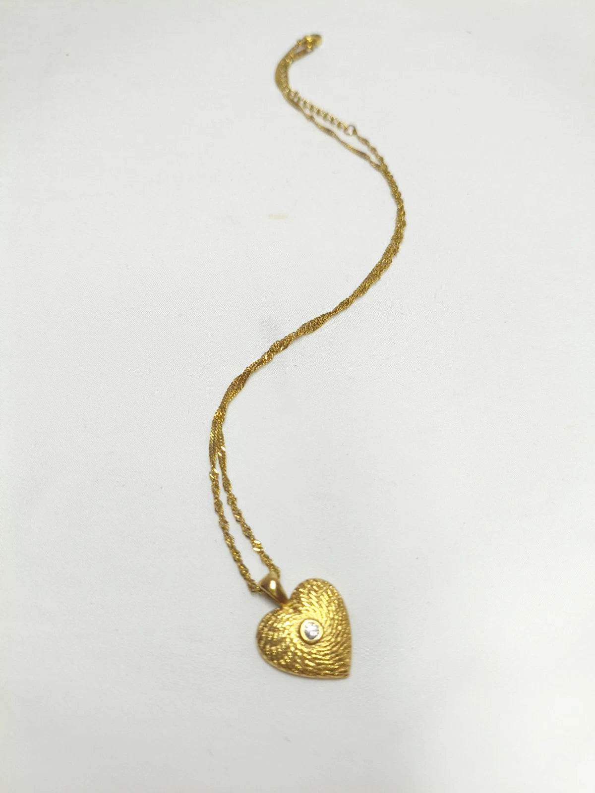 18K Gold Plated Textured Heart Pendant Necklace with CZ Stone, Hypoallergenic Twist Chain