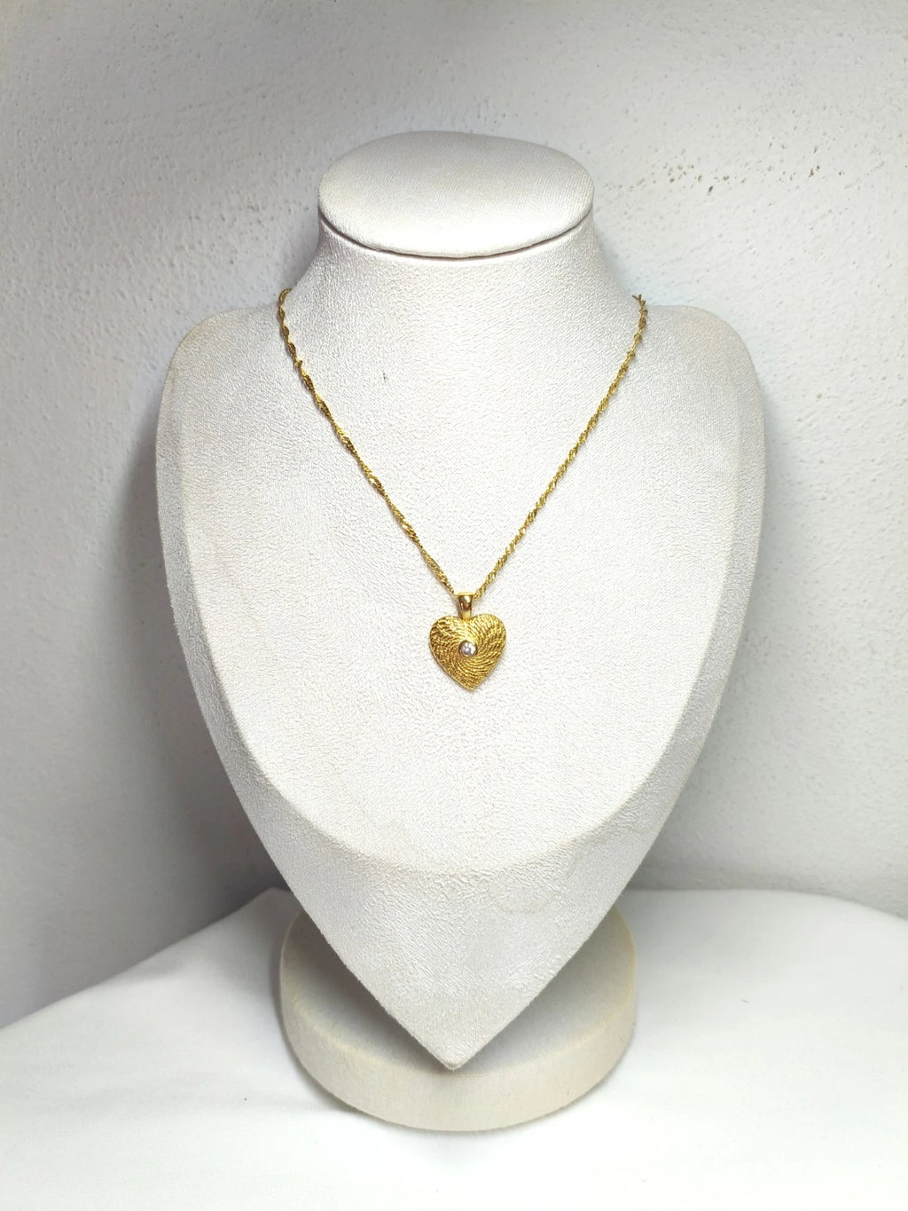 18K Gold Plated Textured Heart Pendant Necklace with CZ Stone, Hypoallergenic Twist Chain