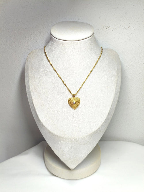 18K Gold Plated Textured Heart Pendant Necklace with CZ Stone, Hypoallergenic Twist Chain