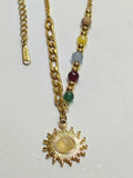 Stainless Steel Chakra Sun Pendant Necklace with Colorful Natural Stone Beads, Gold Plated