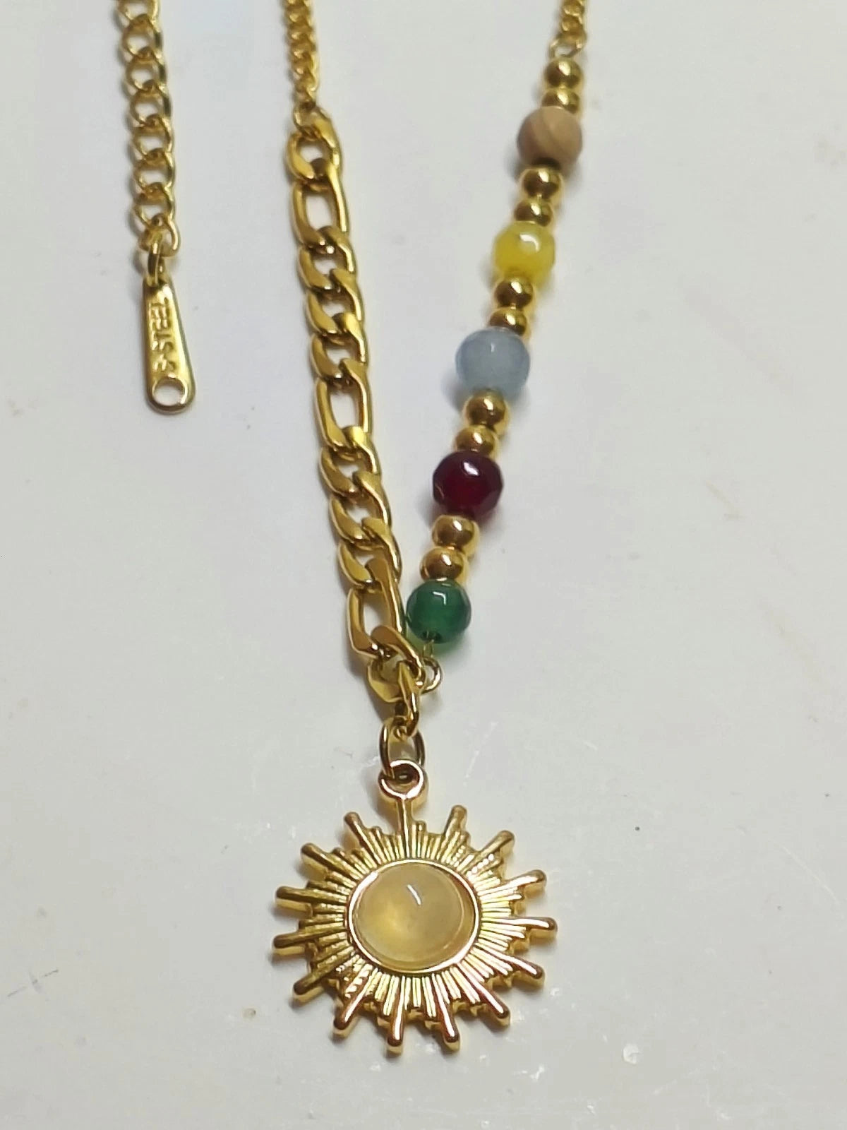 Stainless Steel Chakra Sun Pendant Necklace with Colorful Natural Stone Beads, Gold Plated