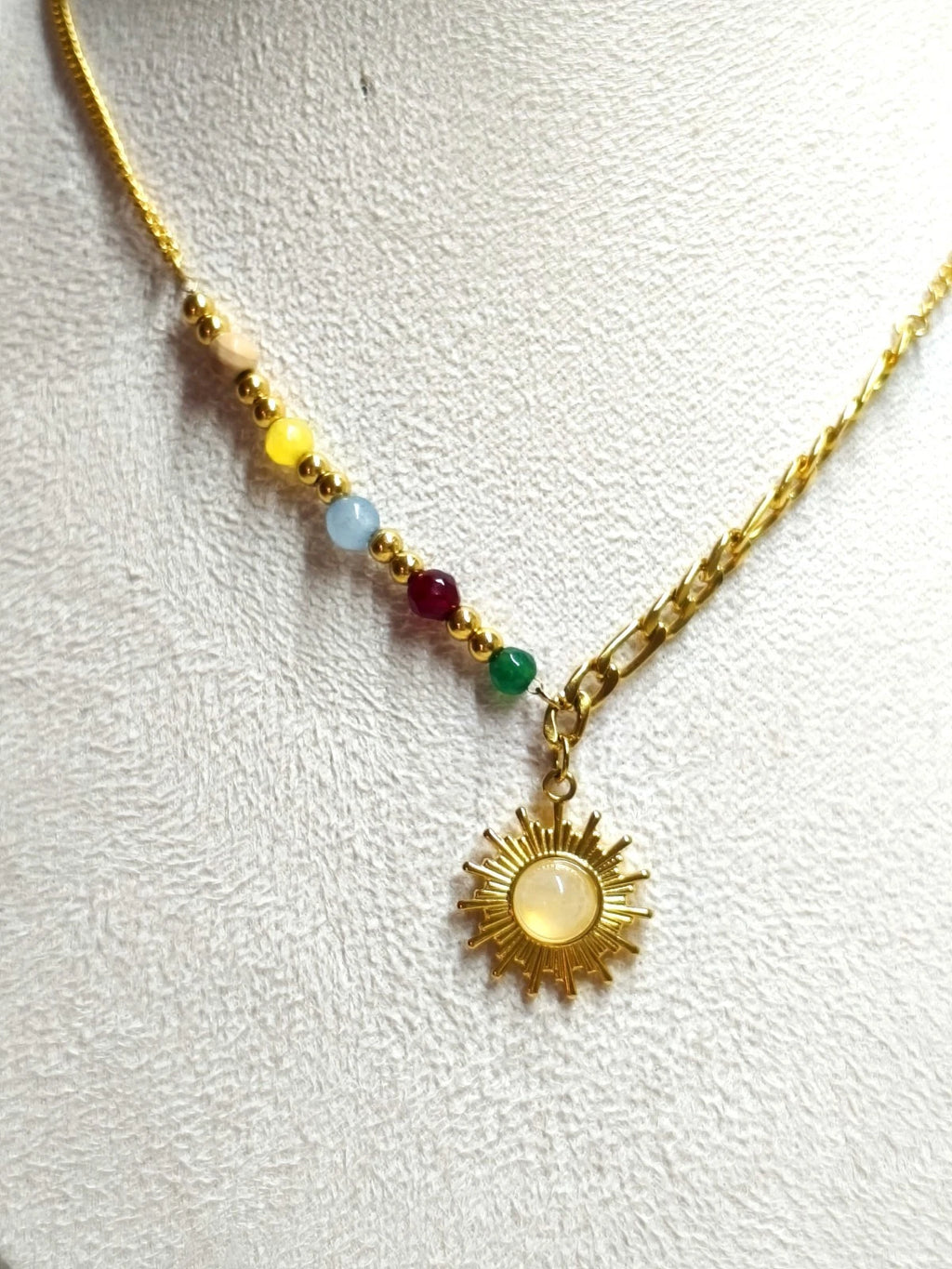 Stainless Steel Chakra Sun Pendant Necklace with Colorful Natural Stone Beads, Gold Plated
