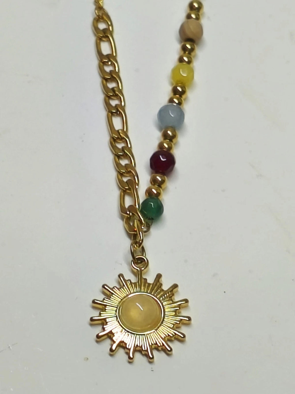 Stainless Steel Chakra Sun Pendant Necklace with Colorful Natural Stone Beads, Gold Plated