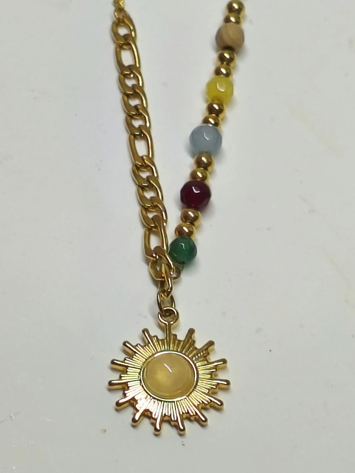 Stainless Steel Chakra Sun Pendant Necklace with Colorful Natural Stone Beads, Gold Plated