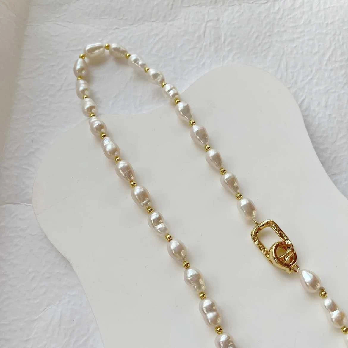 18K Gold Plated Natural Freshwater Rice Pearl Necklace, Minimalist Oval Pearl Chain with Geometric Paperclip Clasp, Elegant Women Everyday Jewelry