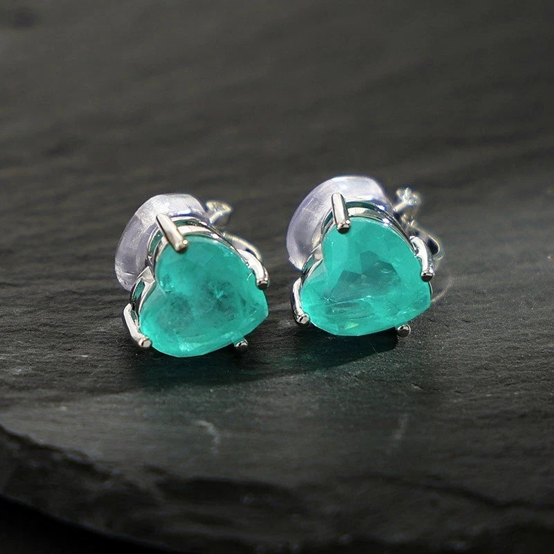 Heart Paraiba Tourmaline Gem Jewelry Set S925 Silver Stud Earrings Titanium Steel Necklace Anti Allergy