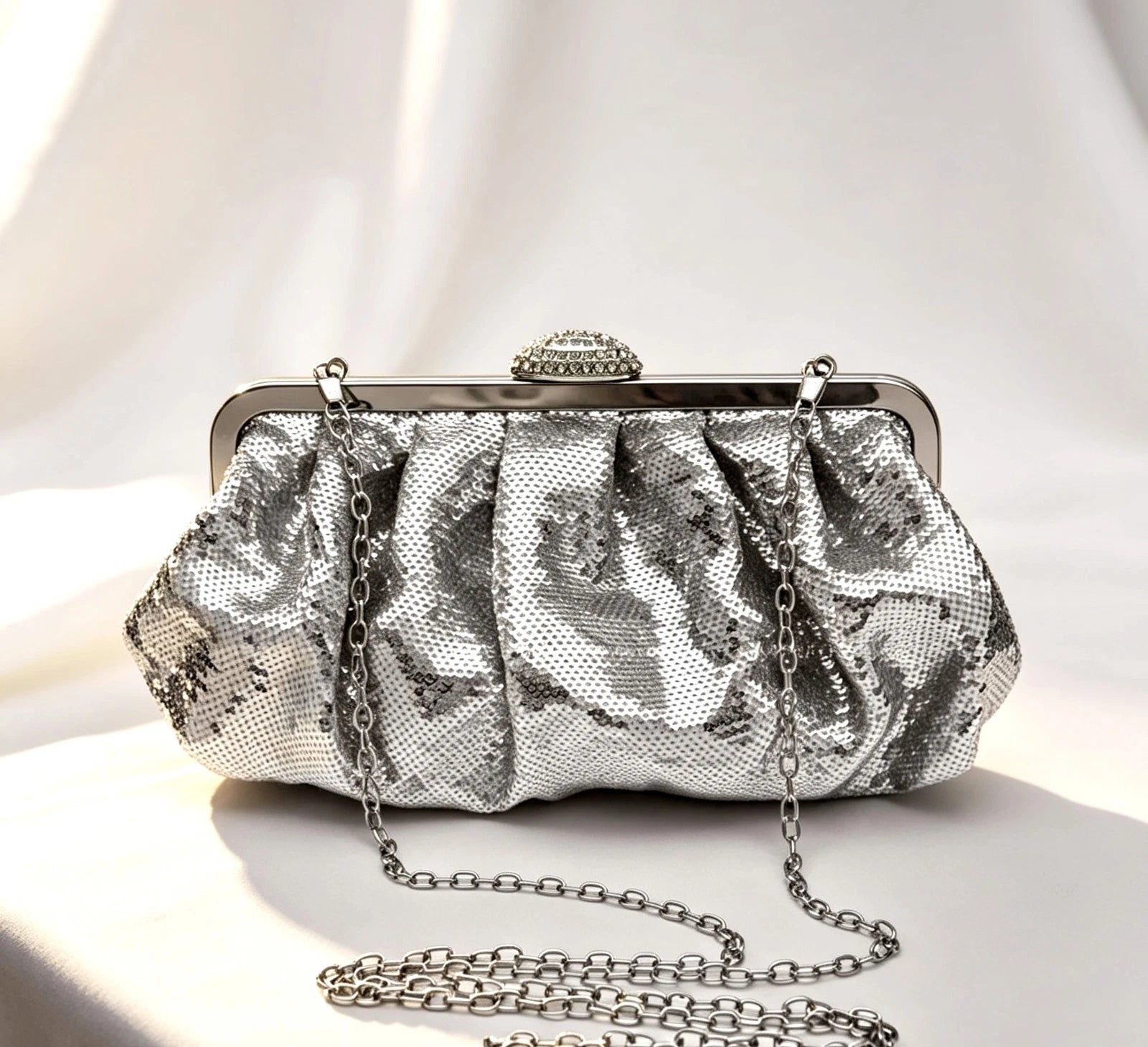 Silver Sequin Kiss Lock Evening Clutch Bag with Crystal Clasp & Detachable Chain Strap