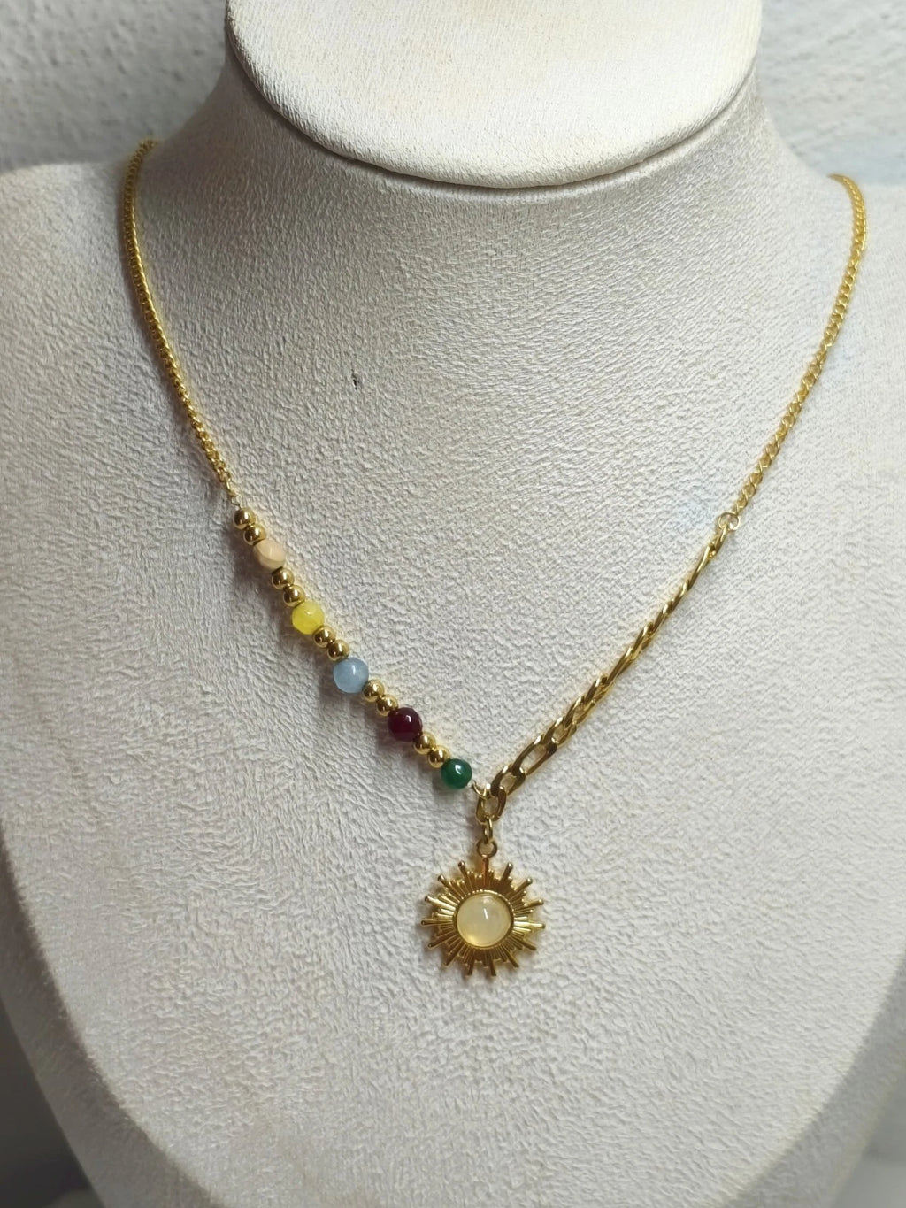 Stainless Steel Chakra Sun Pendant Necklace with Colorful Natural Stone Beads, Gold Plated