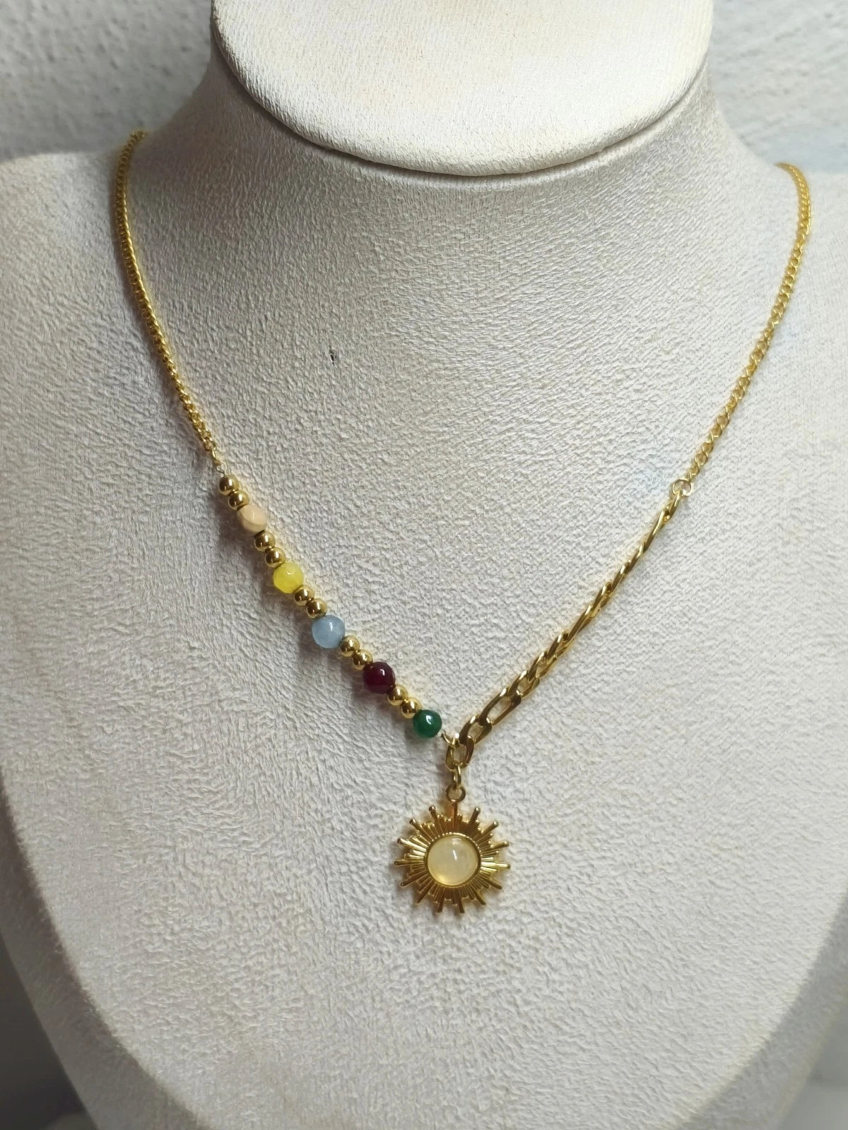 Stainless Steel Chakra Sun Pendant Necklace with Colorful Natural Stone Beads, Gold Plated