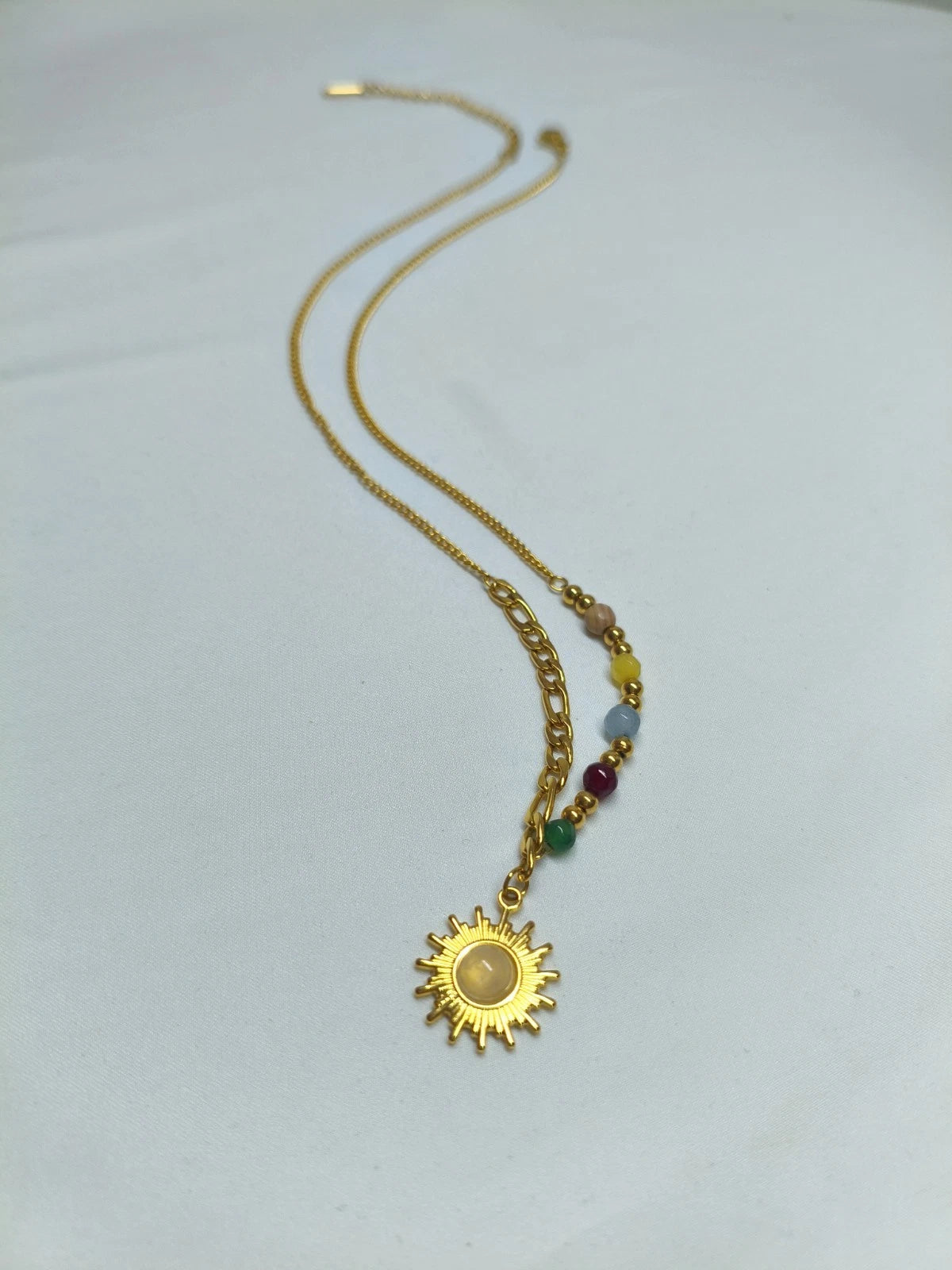Stainless Steel Chakra Sun Pendant Necklace with Colorful Natural Stone Beads, Gold Plated